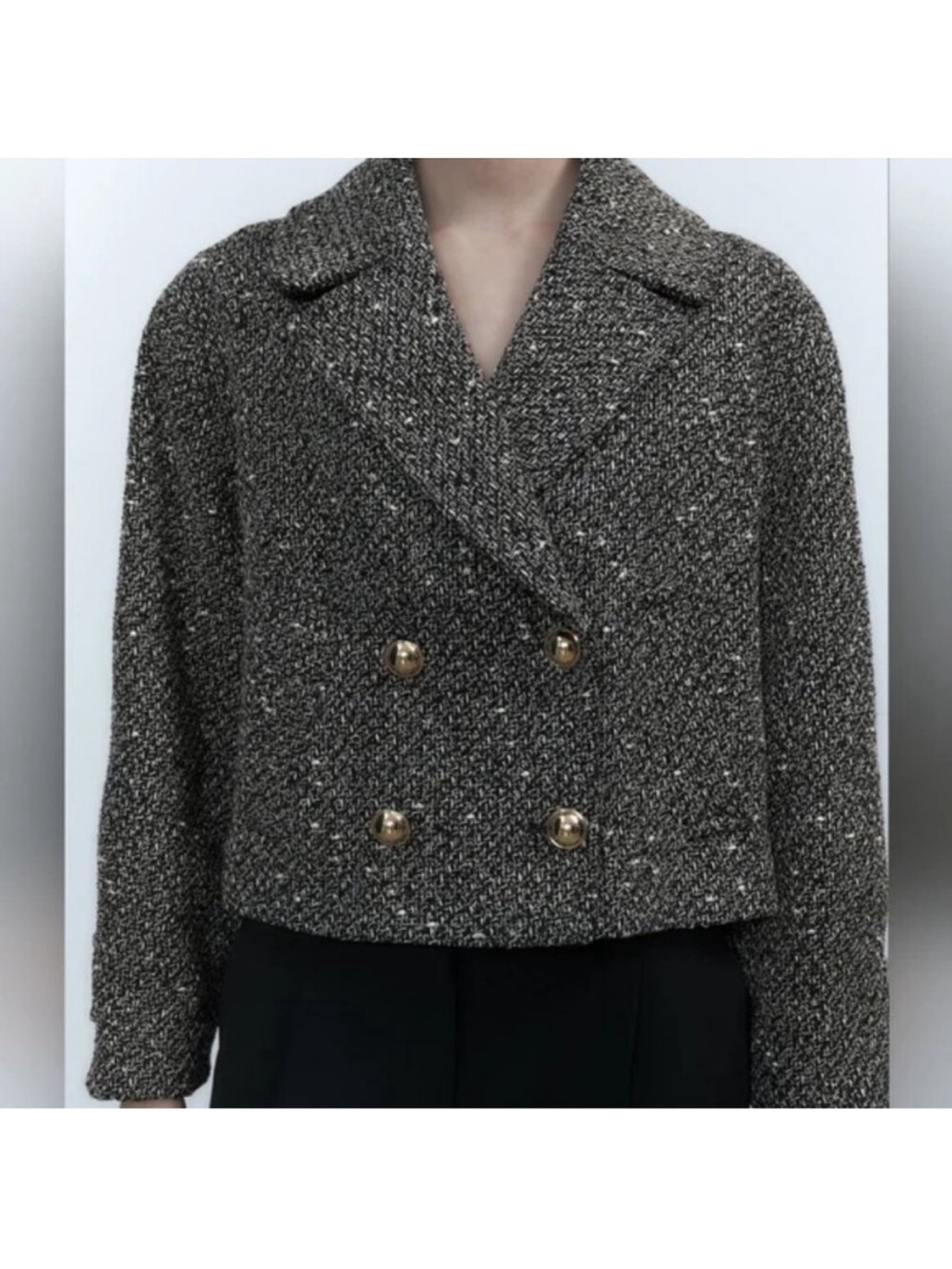 Zara Tweed Cropped Jacket in Charcoal Gray with Gold Buttons - Picture 7 of 16